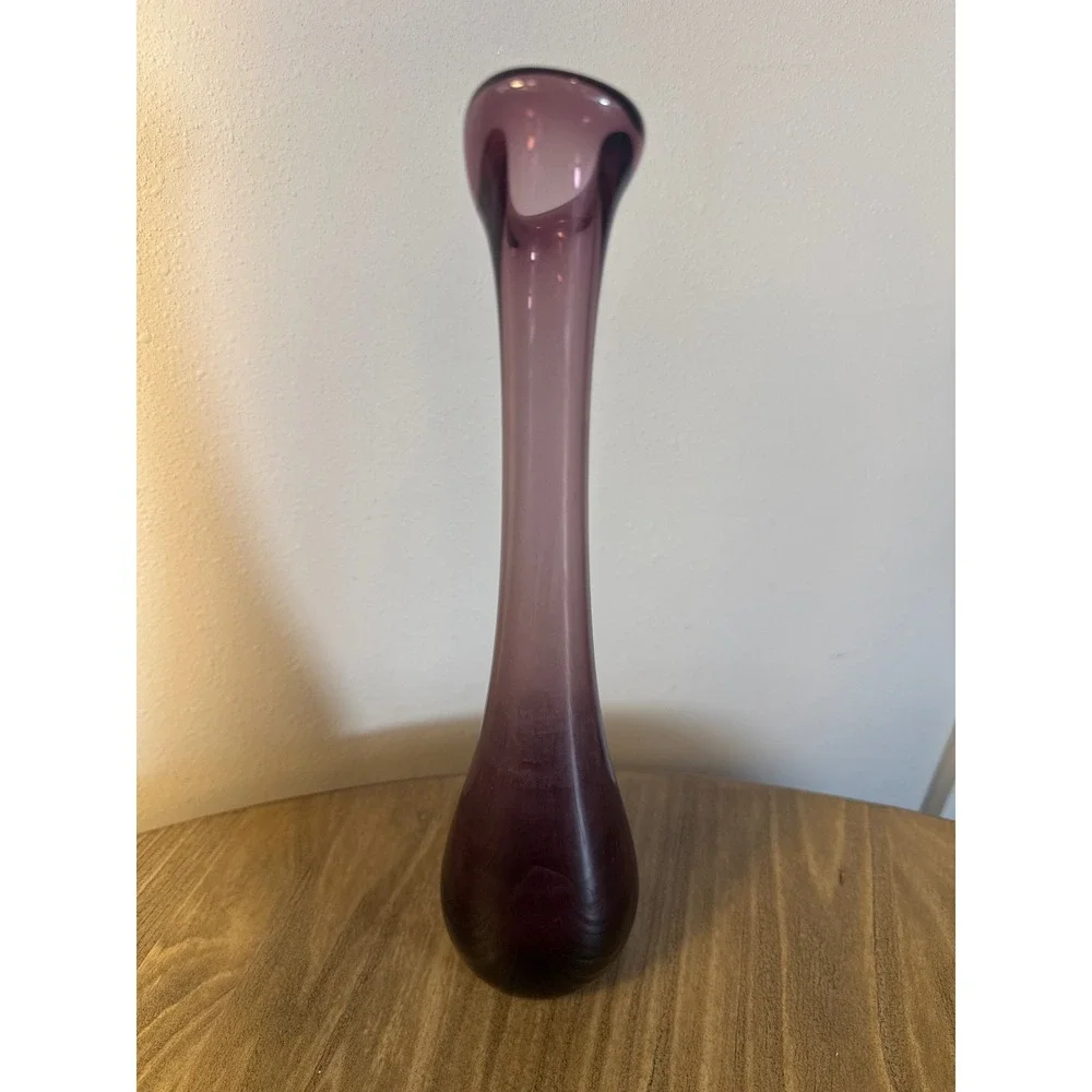 Vintage Mid Century Modern Amethyst Purple Swung Glass Bud Vase 11.25
